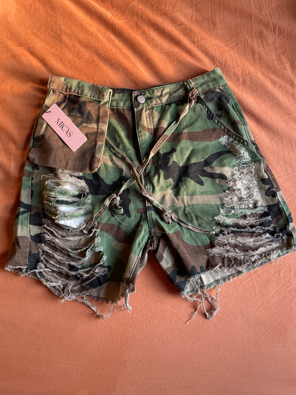 MICAS Green Camo Distressed Jean Shorts